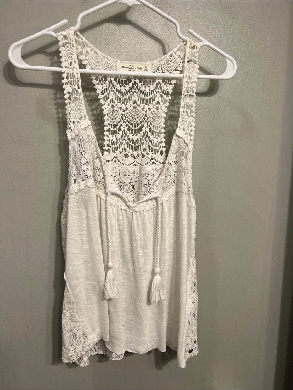 Abercrombie & Fitch Cream Crochet-Back Tank with Tassel Ties